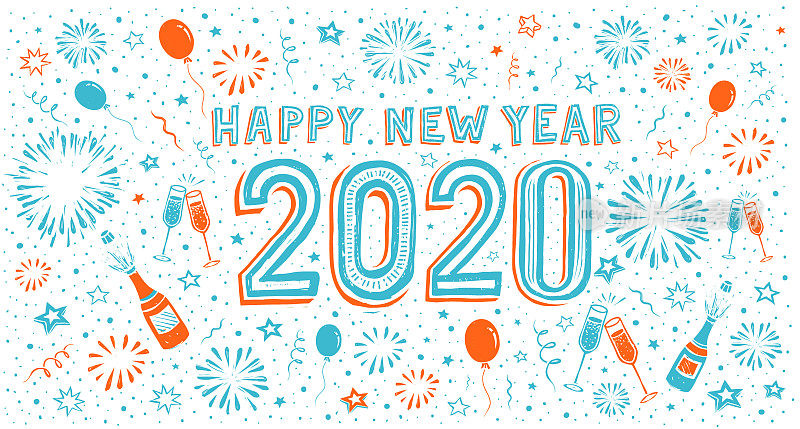 Happy new year 2020. Doodle new year's eve greeting card
